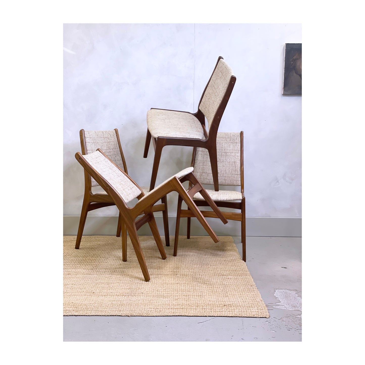 4 x Vintage mid-century Danish modern teak dining chairs by D-Scan of Denmark.