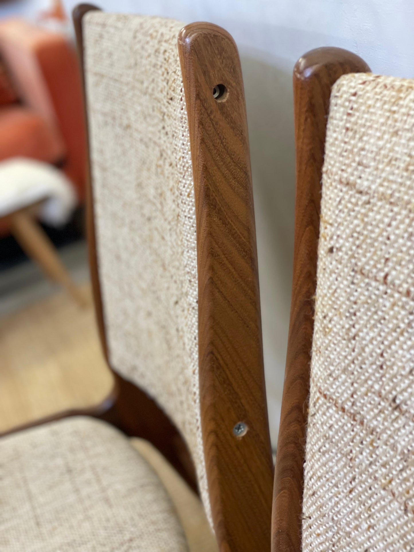 4 x Vintage mid-century Danish modern teak dining chairs by D-Scan of Denmark.