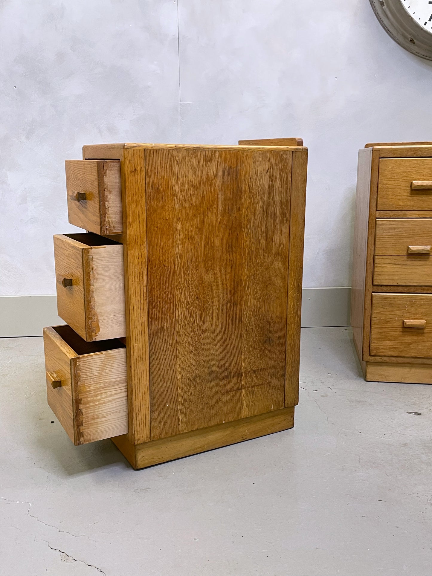 Vintage bedside drawers / 1940’s utilitarian/ modernism / oak