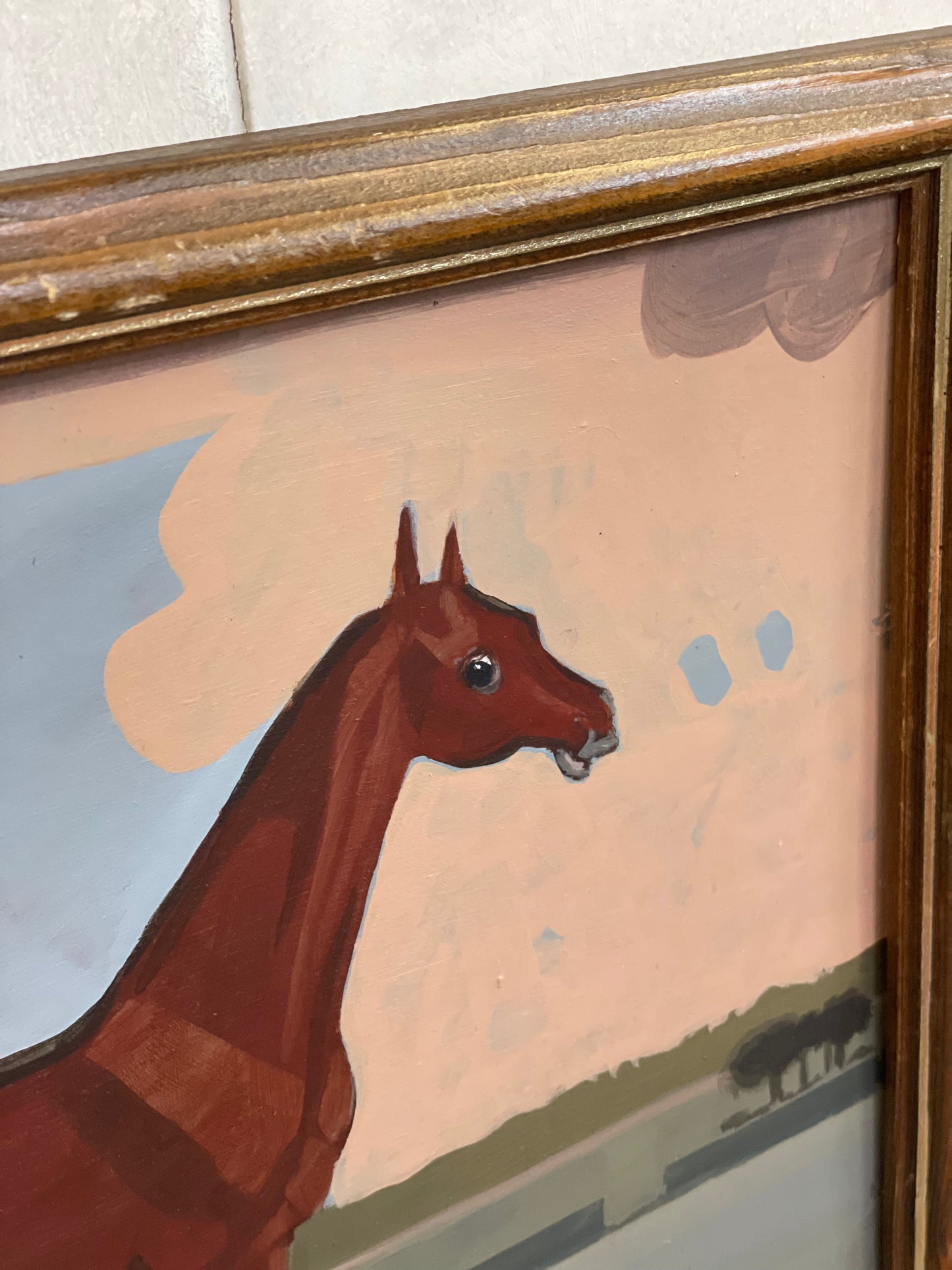 Vintage Naive Horse Painting Equine Framed Folk Art On Board