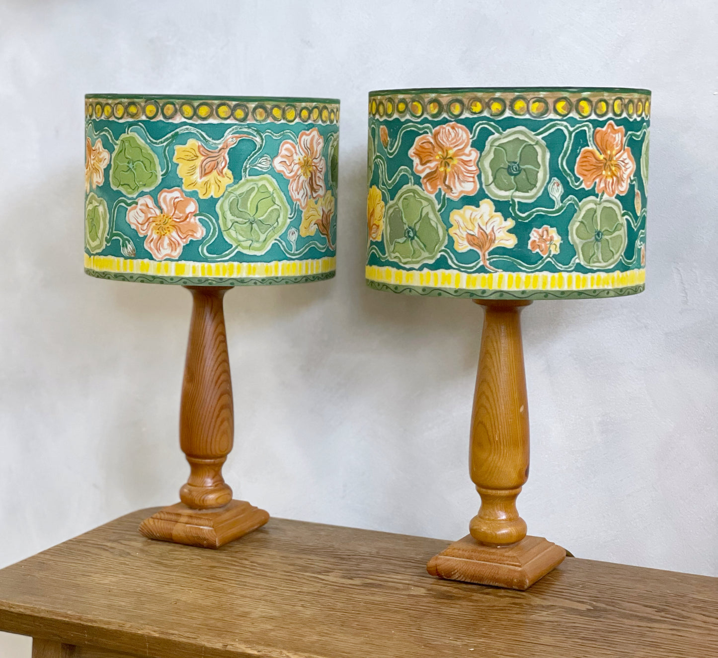 2 x Hand painted lampshades floral design 9” diameter
