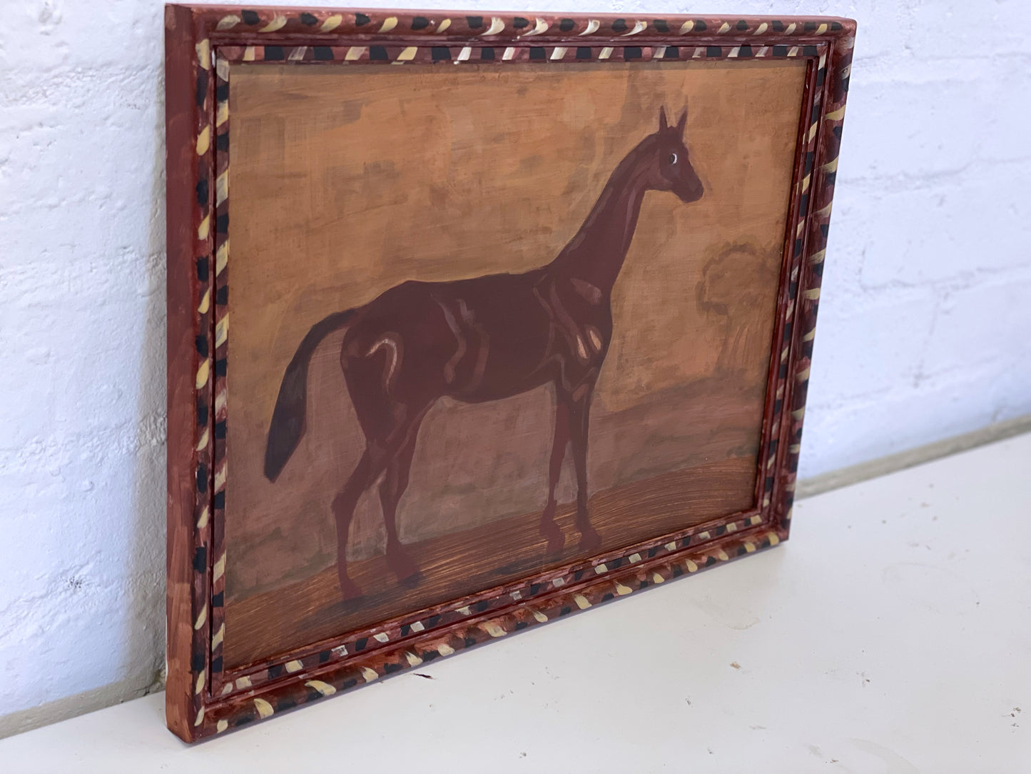 Naive horse painting folk art on board