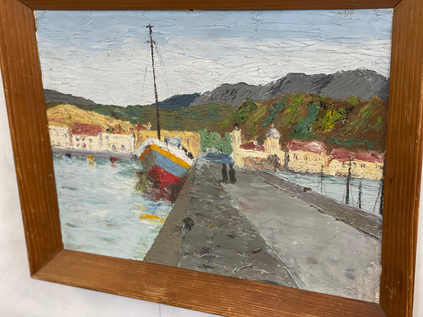 Vintage Oil Painting / Harbour Scene / Unsigned Mid Century Oil on Board