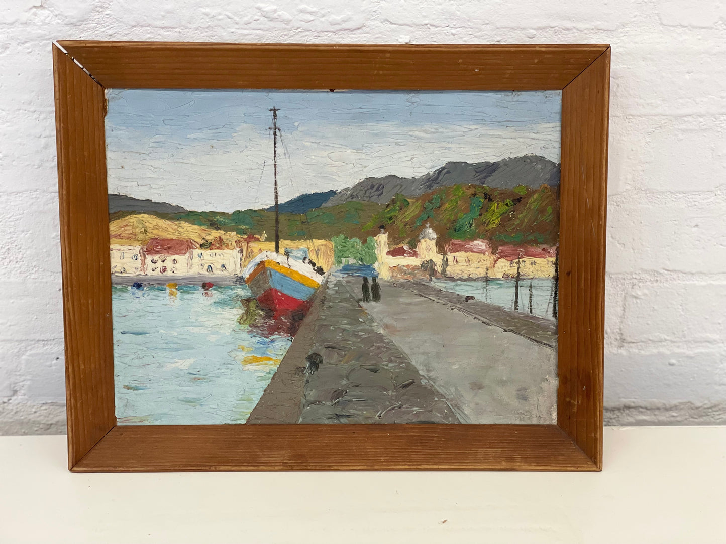 Vintage Oil Painting / Harbour Scene / Unsigned Mid Century Oil on Board