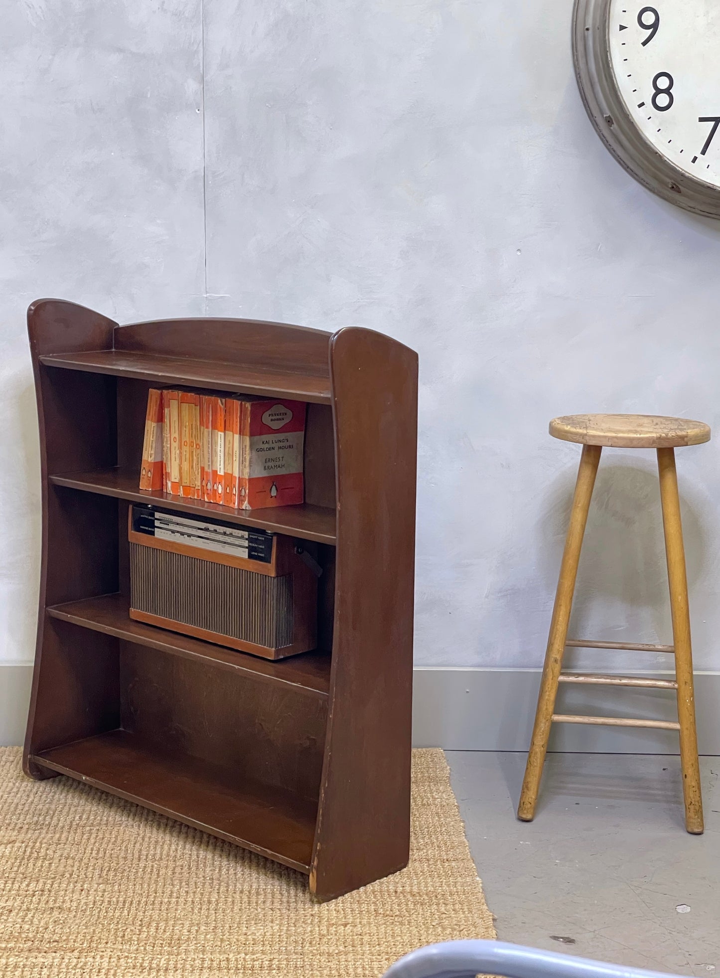 Remploy curved front bookcase / mid century / open front