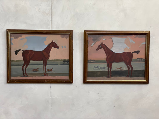 Vintage Naive Horse Painting Equine Framed Folk Art On Board